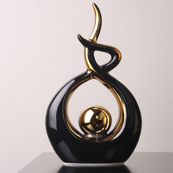 Zwart & Goud Keramisch Beeld - Moderne Abstracte Sculptuur - Woondecoratie, Tafeldecoratie