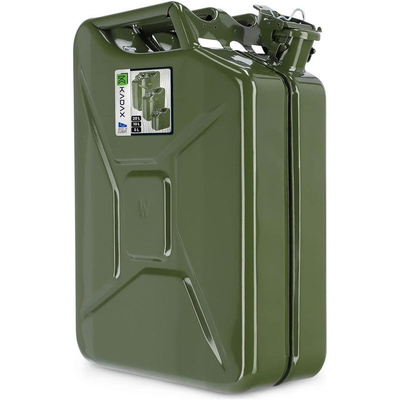 Retro jerrycan van 0,8 mm staal - jerrycan voor benzine en diesel, reservetank met drievoudige handgreep, stalen blikje - Groen, 5L/10L/20L KADAX