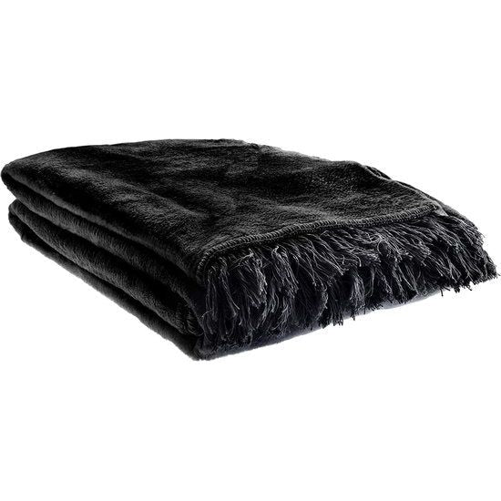KADAX Knuffeldeken, zachte woondeken met franjes, 150 cm x 200 cm, bankdeken, warme deken voor bank, bed, sprei van katoen, acryl, onderhoudsvriendelijk (zwart)