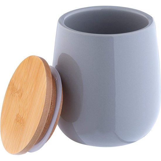 KADAX Cosmeticadoos, opbergdoos van keramiek, wattenpot met deksel van bamboe, wattenschijfhouder, voorraaddoos, wattenhouder, universele doos voor badkamer, wattenschijfjes, rond (grijs)