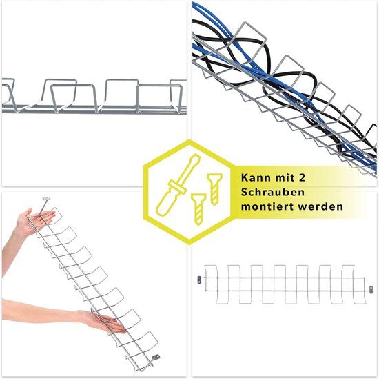 Zwarte of zilveren kabelgoot horizontaal van staal, 72,5 x 16,5 x 8,7 cm - kabelafdekking, schroefbare kabelhouder, ondertafel kabelmand, kabelrooster - KADAX