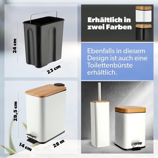 Afvalbak van gepoedercoat staal - emmer met bak en voetpedaal, afvalemmer met automatische sluiting, vuilnisemmer met bamboedeksel - Zwart en Wit, 3L en 5L - KADAX