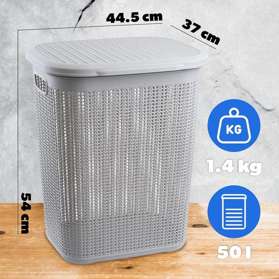 KADAX - Wasmand, 50L, multifunctionele wasmand met deksel - lichte wasverzamelaar, wassorteerder van kunststof, voor badkamer, vuile kleding, speelgoed, wasmand - Grijs