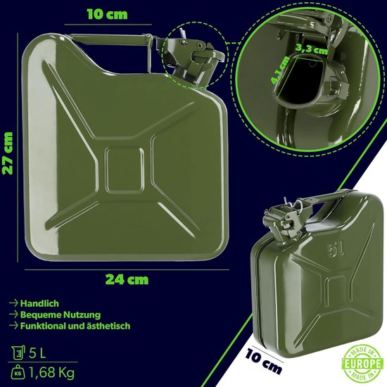 KADAX - Retro jerrycan van 0,8 mm staal - jerrycan voor benzine en diesel, reservetank met drievoudige handgreep, stalen blikje - Groen, 5L