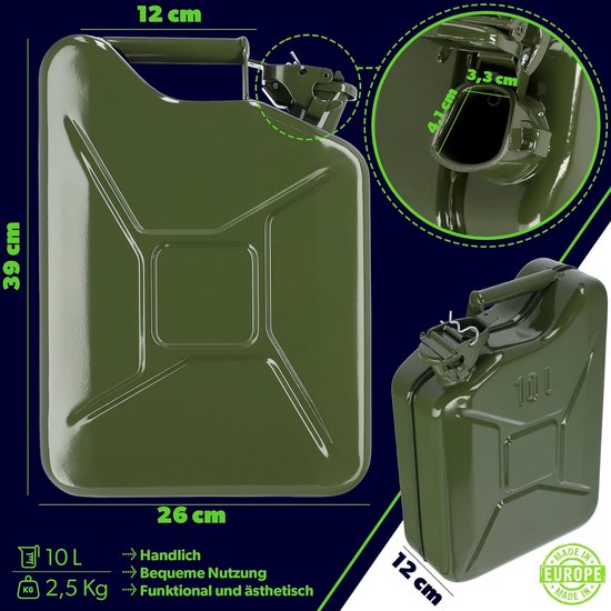 Retro jerrycan van 0,8 mm staal - jerrycan voor benzine en diesel, reservetank met drievoudige handgreep, stalen blikje - Groen, 5L/10L/20L KADAX