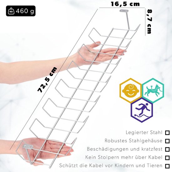 Zwarte of zilveren kabelgoot horizontaal van staal, 72,5 x 16,5 x 8,7 cm - kabelafdekking, schroefbare kabelhouder, ondertafel kabelmand, kabelrooster - KADAX