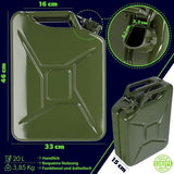 Retro jerrycan van 0,8 mm staal - jerrycan voor benzine en diesel, reservetank met drievoudige handgreep, stalen blikje - Groen, 5L/10L/20L KADAX
