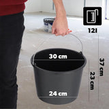 Set van 10 bouwemmers van kunststof, 12L - mortelemmer voor bouwplaats, tuin, cementemmer - stabiele emmer met handgreep, mortelbak, wateremmer met gietrand, poetsemmer, zwart - Set van 10