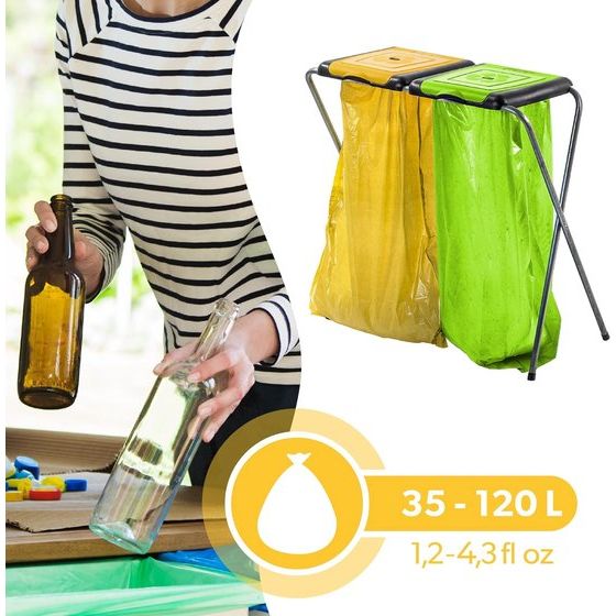 KADAX - Standaard voor afvalscheiding - stabiele afvalzakhouder met kunststof deksel, afvalzakstandaard, afvalcontainer, afvalzakhouder, afvalstandaard - Twee breed