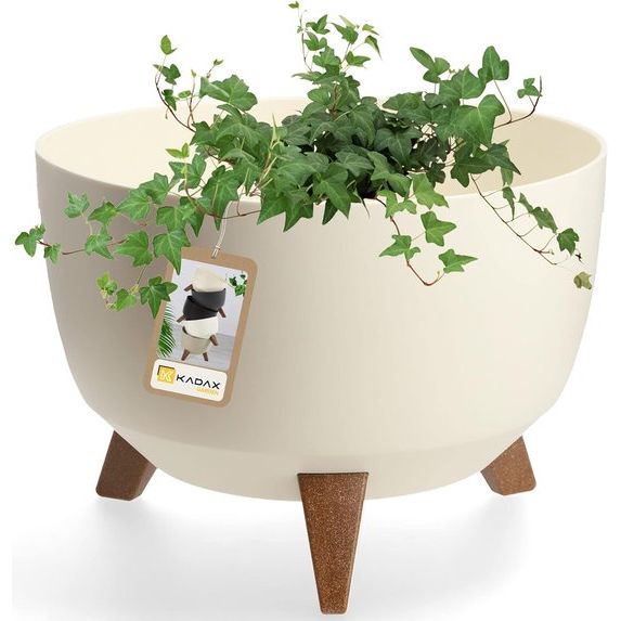 Bloempot van kunststof met drie insteeksteunen - ronde bloembak, plantenschaal voor balkon, woonkamer - Diameter 24cm/33cm, Crème KADAX