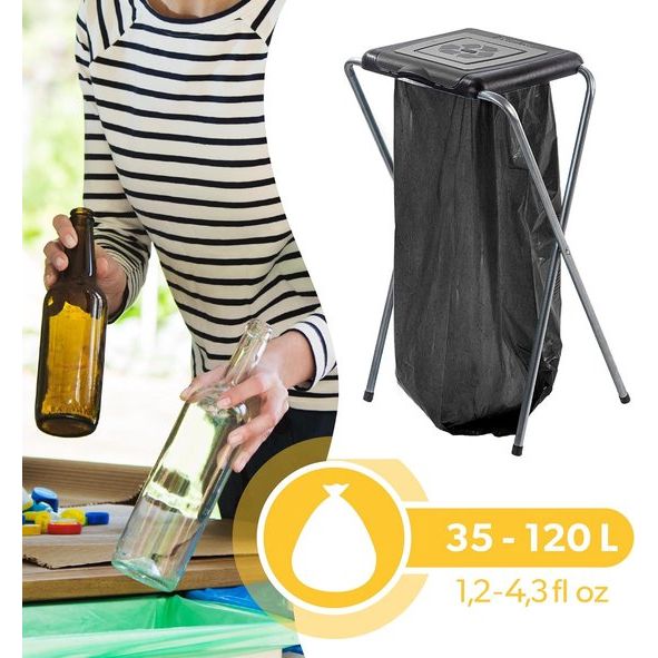 KADAX - Standaard voor afvalscheiding - stabiele afvalzakhouder met kunststof deksel, afvalzakstandaard, afvalcontainer, afvalzakhouder, afvalstandaard - Zwart, Single