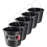Set van 5 bouwemmers van kunststof, 12L - mortelemmer voor bouwplaats, tuin, cementemmer - stabiele emmer met handgreep, mortelbak, wateremmer met gietrand, poetsemmer, zwart - Set van 5