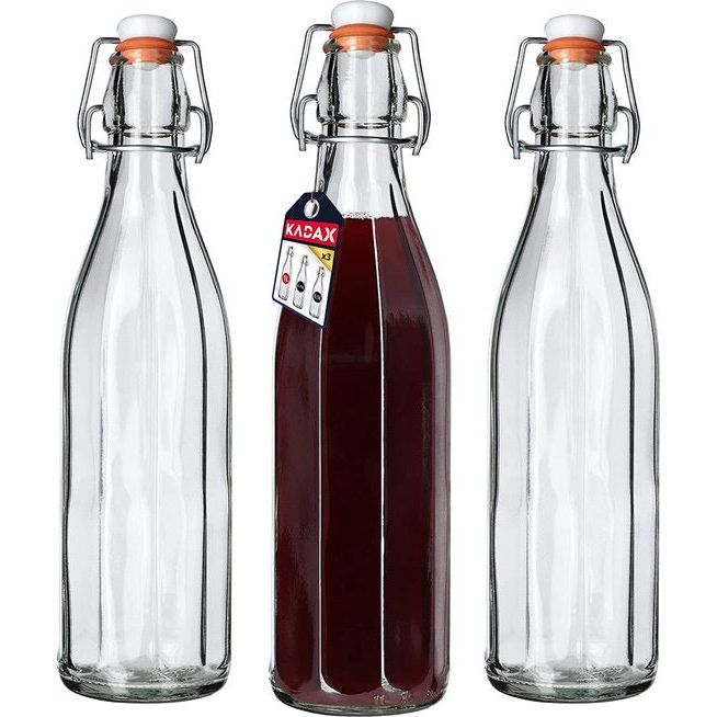 3 stuks universele fles met beugelsluiting - dichte beugelfles, vintage glazen fles, drinkfles, likeurfles, sapfles, beugeldop - 500ml, 750ml, 1000ml, KADAX
