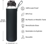 1L Glazen Waterfles met Rietje en Tijdmarkering - 1000ml Drinkfles met Eénklik-Deksel en Beschermhoes - Lekvrij, Herbruikbaar, BPA-vrij, voor Fitness, Yoga en Buitenactiviteiten - Reehoo