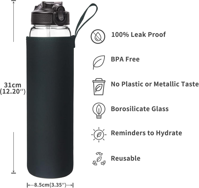 1L Glazen Waterfles met Rietje en Tijdmarkering - 1000ml Drinkfles met Eénklik-Deksel en Beschermhoes - Lekvrij, Herbruikbaar, BPA-vrij, voor Fitness, Yoga en Buitenactiviteiten - Reehoo