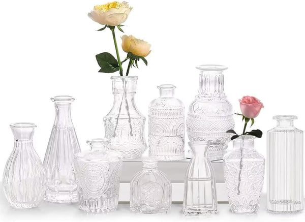 Set van 10 Mini Glazen Vazen – Vintage Decoratieve Vazen in Diverse Maten  – Transparant en Stijlvol - Tobengda