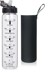 1L Glazen Waterfles met Rietje en Tijdmarkering - 1000ml Drinkfles met Eénklik-Deksel en Beschermhoes - Lekvrij, Herbruikbaar, BPA-vrij, voor Fitness, Yoga en Buitenactiviteiten - Reehoo