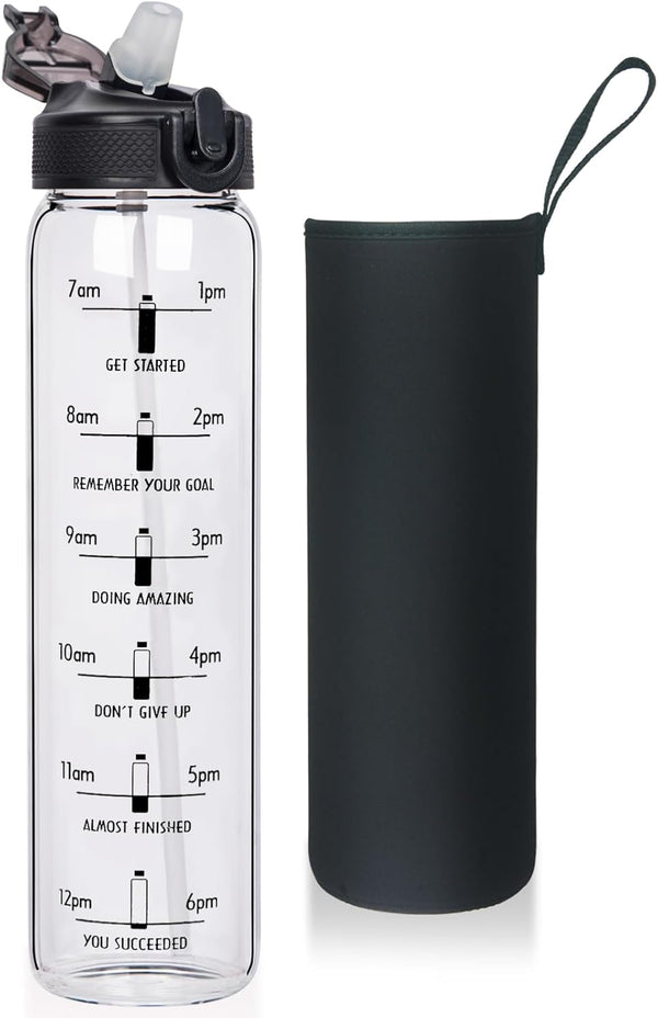 1L Glazen Waterfles met Rietje en Tijdmarkering - 1000ml Drinkfles met Eénklik-Deksel en Beschermhoes - Lekvrij, Herbruikbaar, BPA-vrij, voor Fitness, Yoga en Buitenactiviteiten - Reehoo