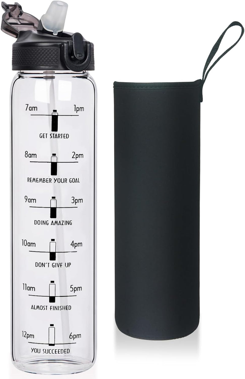 1L Glazen Waterfles met Rietje en Tijdmarkering - 1000ml Drinkfles met Eénklik-Deksel en Beschermhoes - Lekvrij, Herbruikbaar, BPA-vrij, voor Fitness, Yoga en Buitenactiviteiten - Reehoo