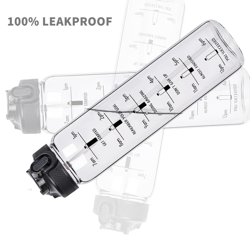 1L Glazen Waterfles met Rietje en Tijdmarkering - 1000ml Drinkfles met Eénklik-Deksel en Beschermhoes - Lekvrij, Herbruikbaar, BPA-vrij, voor Fitness, Yoga en Buitenactiviteiten - Reehoo
