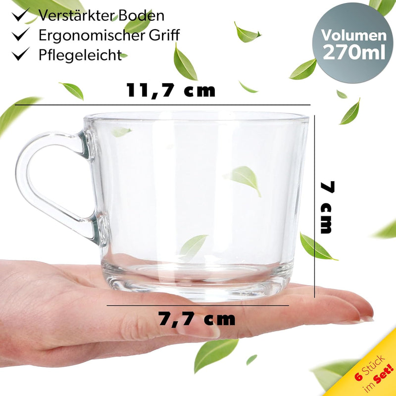 Theeglazen, set van 6 glazen met handvat, 270ml - vaatwasserbestendige sapglazen, waterglazen - KADAX