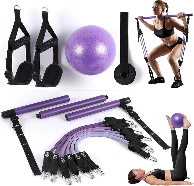 Fitnessbandenset met 6 weerstandsbanden (9-81 kg of 13.5-109 kg) & pilatesstang - weerstandsbanden voor krachttraining en fitnessapparatuur voor thuisgebruik - ALongSong Paars