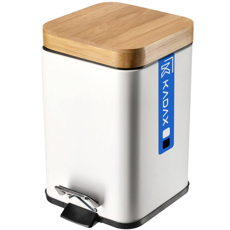 Afvalbak van gepoedercoat staal - emmer met bak en voetpedaal, afvalemmer met automatische sluiting, vuilnisemmer met bamboedeksel - Zwart en Wit, 3L en 5L - KADAX