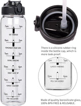 1L Glazen Waterfles met Rietje en Tijdmarkering - 1000ml Drinkfles met Eénklik-Deksel en Beschermhoes - Lekvrij, Herbruikbaar, BPA-vrij, voor Fitness, Yoga en Buitenactiviteiten - Reehoo