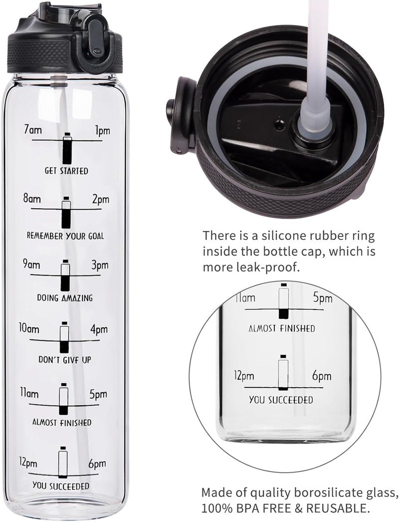 1L Glazen Waterfles met Rietje en Tijdmarkering - 1000ml Drinkfles met Eénklik-Deksel en Beschermhoes - Lekvrij, Herbruikbaar, BPA-vrij, voor Fitness, Yoga en Buitenactiviteiten - Reehoo