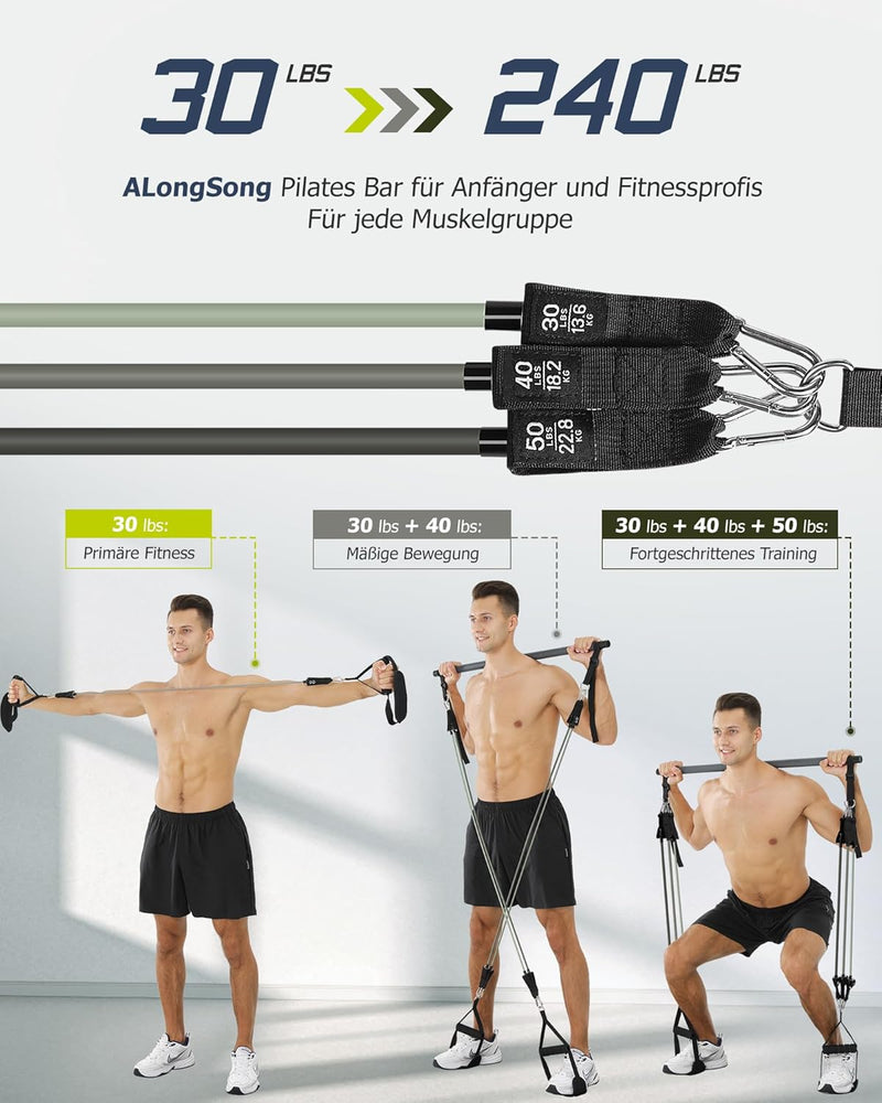 Fitnessbandenset met 6 weerstandsbanden (9-81 kg of 13.5-109 kg) & pilatesstang - weerstandsbanden voor krachttraining en fitnessapparatuur voor thuisgebruik - ALongSong Grijs