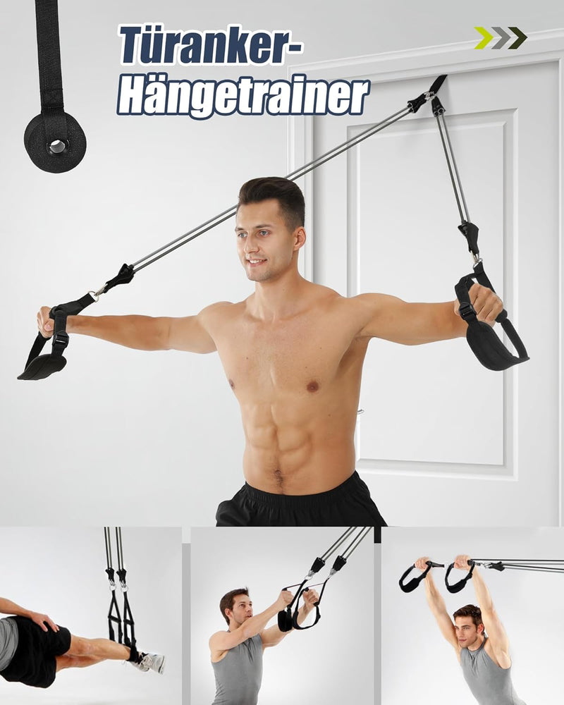 Fitnessbandenset met 6 weerstandsbanden (9-81 kg of 13.5-109 kg) & pilatesstang - weerstandsbanden voor krachttraining en fitnessapparatuur voor thuisgebruik - ALongSong Grijs