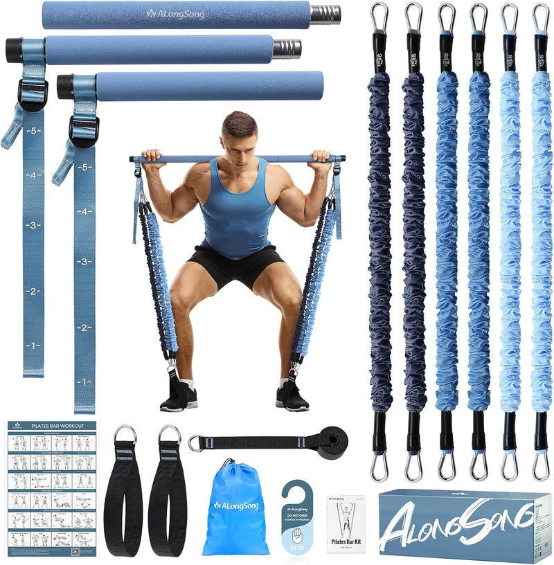 Fitnessbandenset met 6 weerstandsbanden (9-81 kg) & pilatesstang - weerstandsbanden voor krachttraining en fitnessapparatuur voor thuisgebruik - ALongSong Blauw