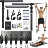 Fitnessbandenset met 6 weerstandsbanden (9-81 kg of 13.5-109 kg) & pilatesstang - weerstandsbanden voor krachttraining en fitnessapparatuur voor thuisgebruik - ALongSong Grijs