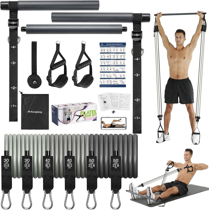 Fitnessbandenset met 6 weerstandsbanden (9-81 kg of 13.5-109 kg) & pilatesstang - weerstandsbanden voor krachttraining en fitnessapparatuur voor thuisgebruik - ALongSong Grijs