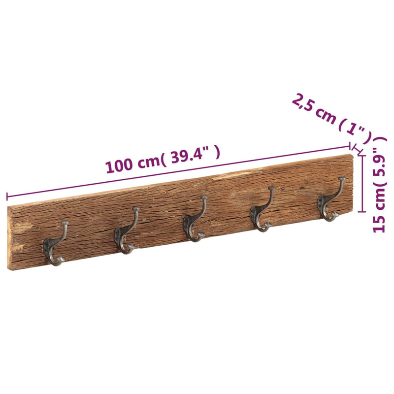 Wandkapstok Met 5 Haken 100X2,5X15 Cm Massief Gerecycled Hout