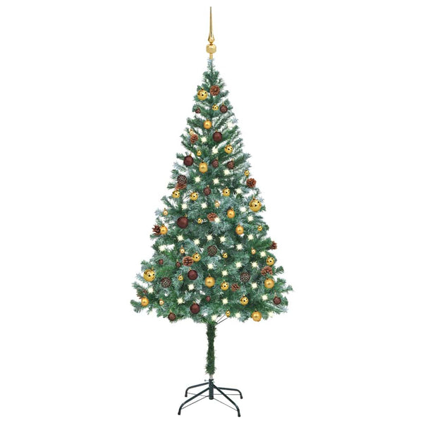 Kunstkerstboom Met Verlichting Kerstballen Dennenappels 180 Cm Zilver- En Goudkleurig