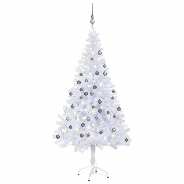 Kunstkerstboom Met Verlichting En Kerstballen 230 Takken 120 Cm Wit En Grijs