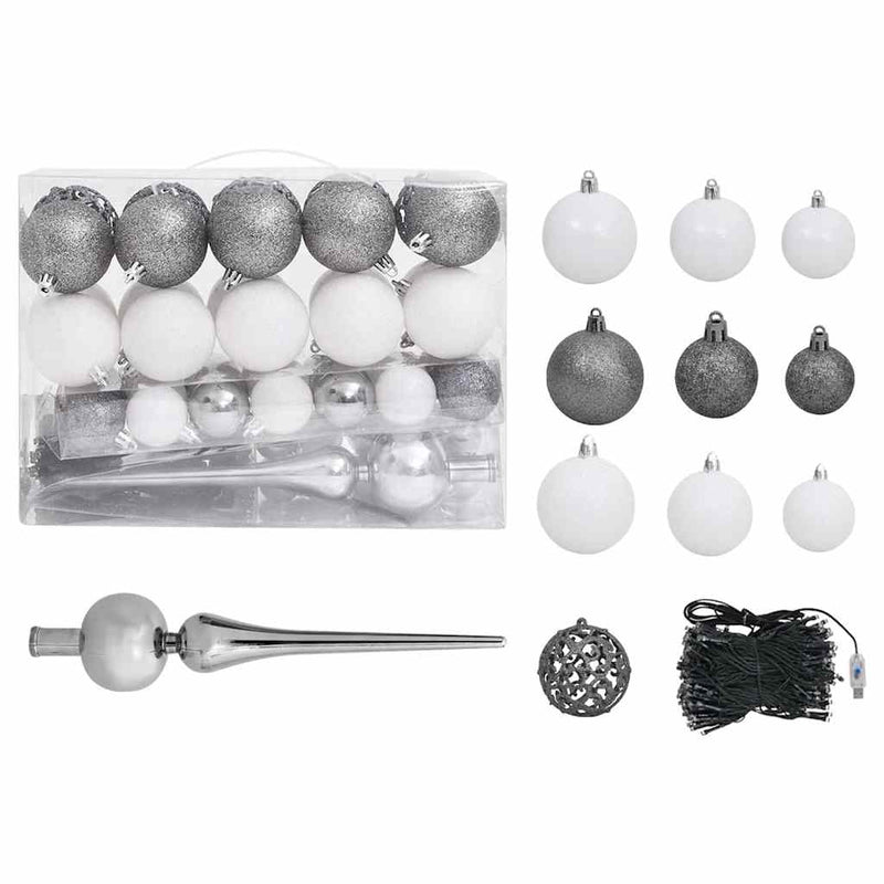 Kunstkerstboom Met Verlichting En Kerstballen 230 Takken 120 Cm Wit En Grijs