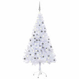 Kunstkerstboom Met Verlichting En Kerstballen 230 Takken 120 Cm Wit En Grijs