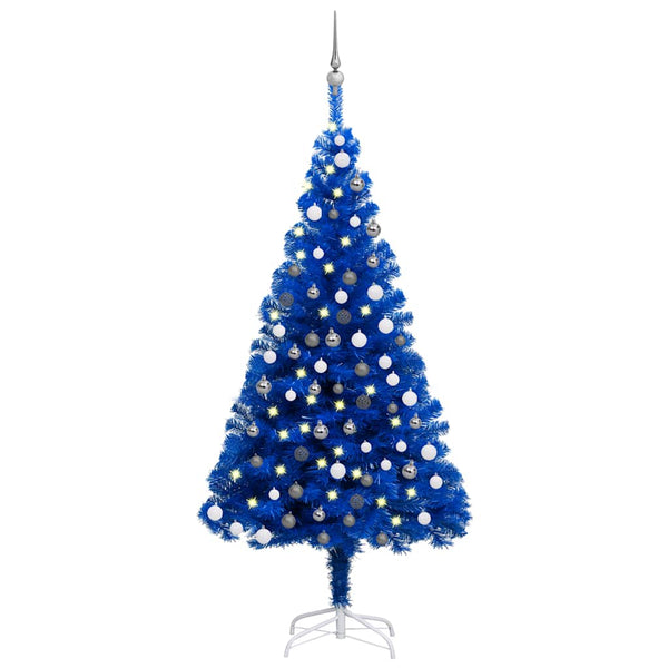 Kunstkerstboom Met Verlichting En Kerstballen 180 Cm Pvc Blauw En Grijs
