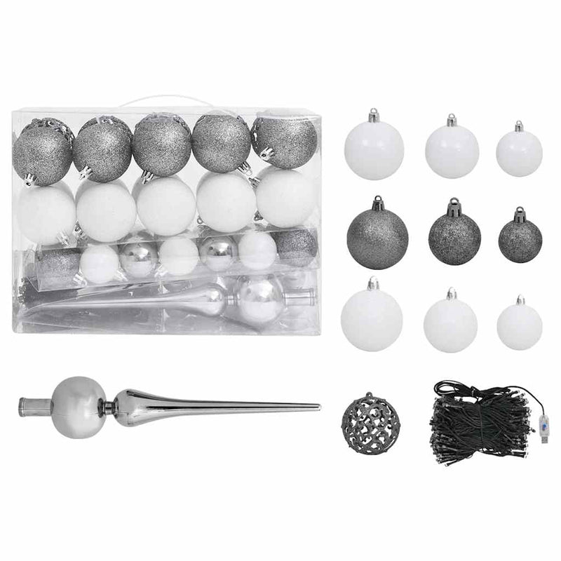 Kunstkerstboom Met Verlichting En Kerstballen 180 Cm Pvc Blauw En Grijs