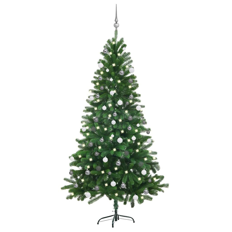 Kunstkerstboom Met Verlichting En Kerstballen 150 Cm Groen Wit