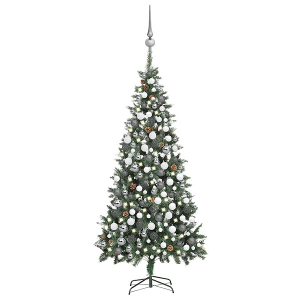 Kunstkerstboom Met Verlichting Kerstballen Dennenappels 210 Cm Wit En Grijs