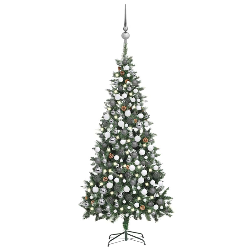 Kunstkerstboom Met Verlichting Kerstballen Dennenappels 210 Cm Wit En Grijs