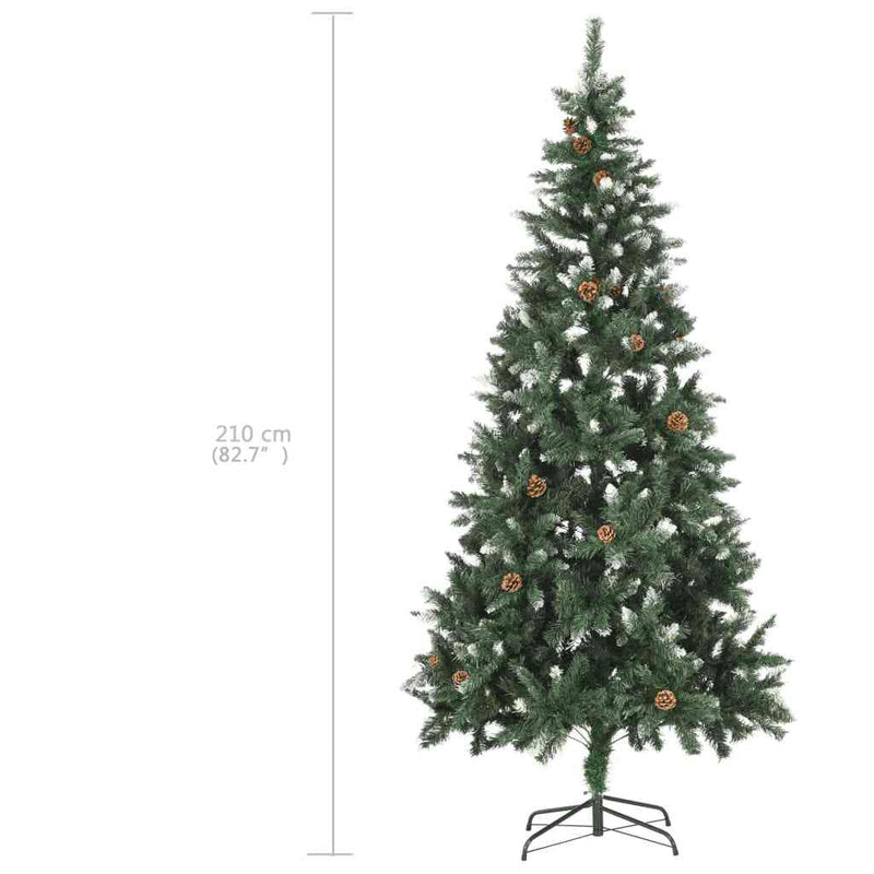 Kunstkerstboom Met Verlichting Kerstballen Dennenappels 210 Cm Wit En Grijs