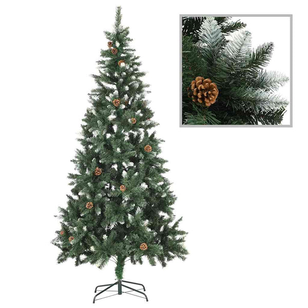 Kunstkerstboom Met Verlichting Kerstballen Dennenappels 210 Cm Wit En Grijs