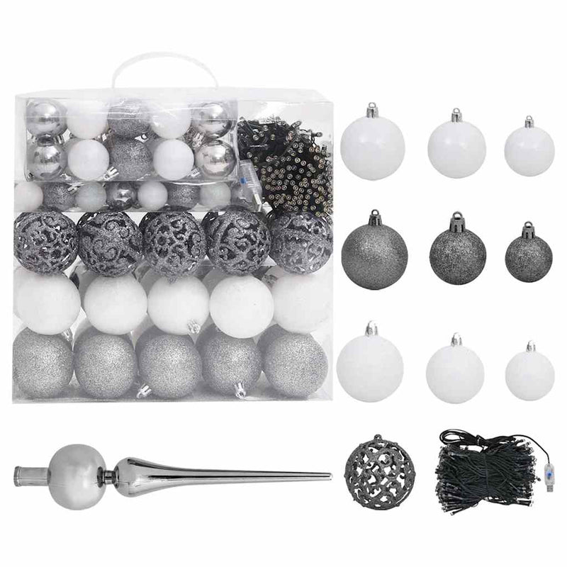 Kunstkerstboom Met Verlichting Kerstballen Dennenappels 210 Cm Wit En Grijs