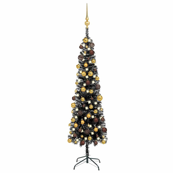 Kunstkerstboom Met Verlichting En Kerstballen Smal 180 Cm Zwart