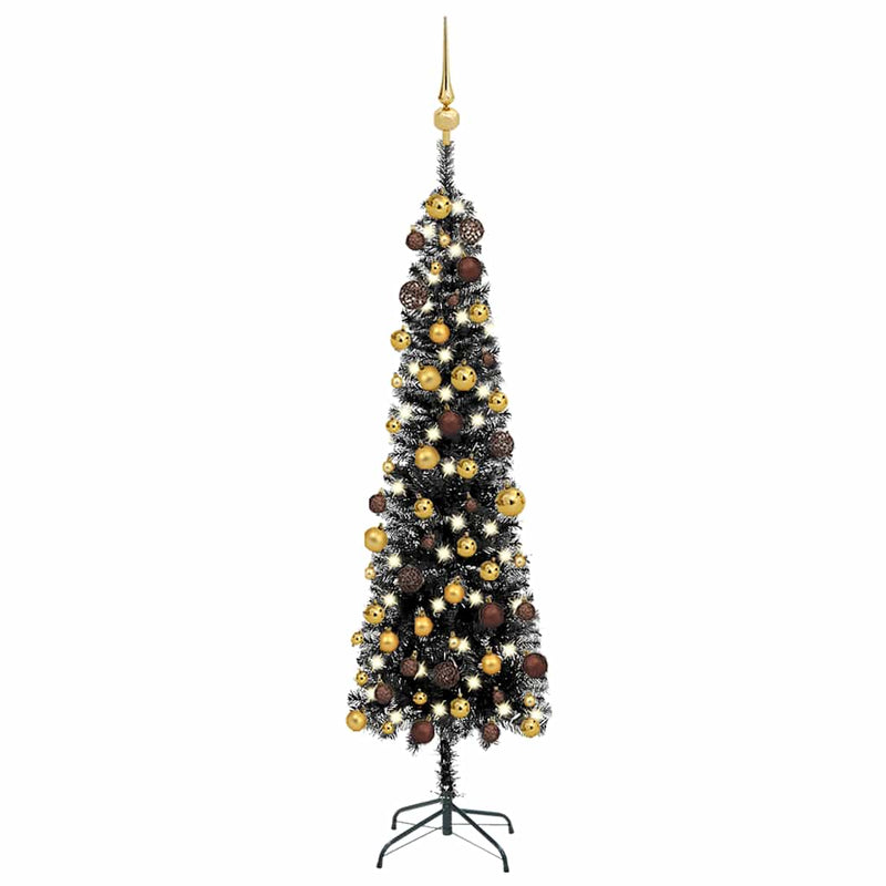 Kunstkerstboom Met Verlichting En Kerstballen Smal 180 Cm Zwart