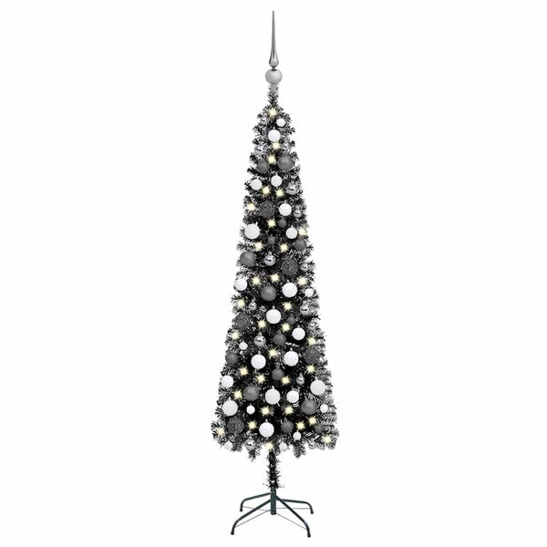 Kunstkerstboom Met Verlichting En Kerstballen Smal 150 Cm Zwart